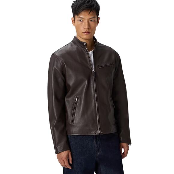 NWOT Quince Men’s XL Leather Stand Collar Jacket Rich Brown Biker 5040